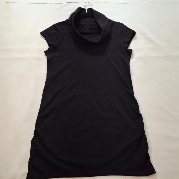 Oversized Cowl Neck Cap Sleeve Black T Shirt Dress Size M Ruched at Side Seams - Picture 3 of 16